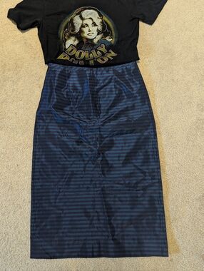 Striped Navy Purple Satin Midi High Waist Pencil Skirt Punk Rock S